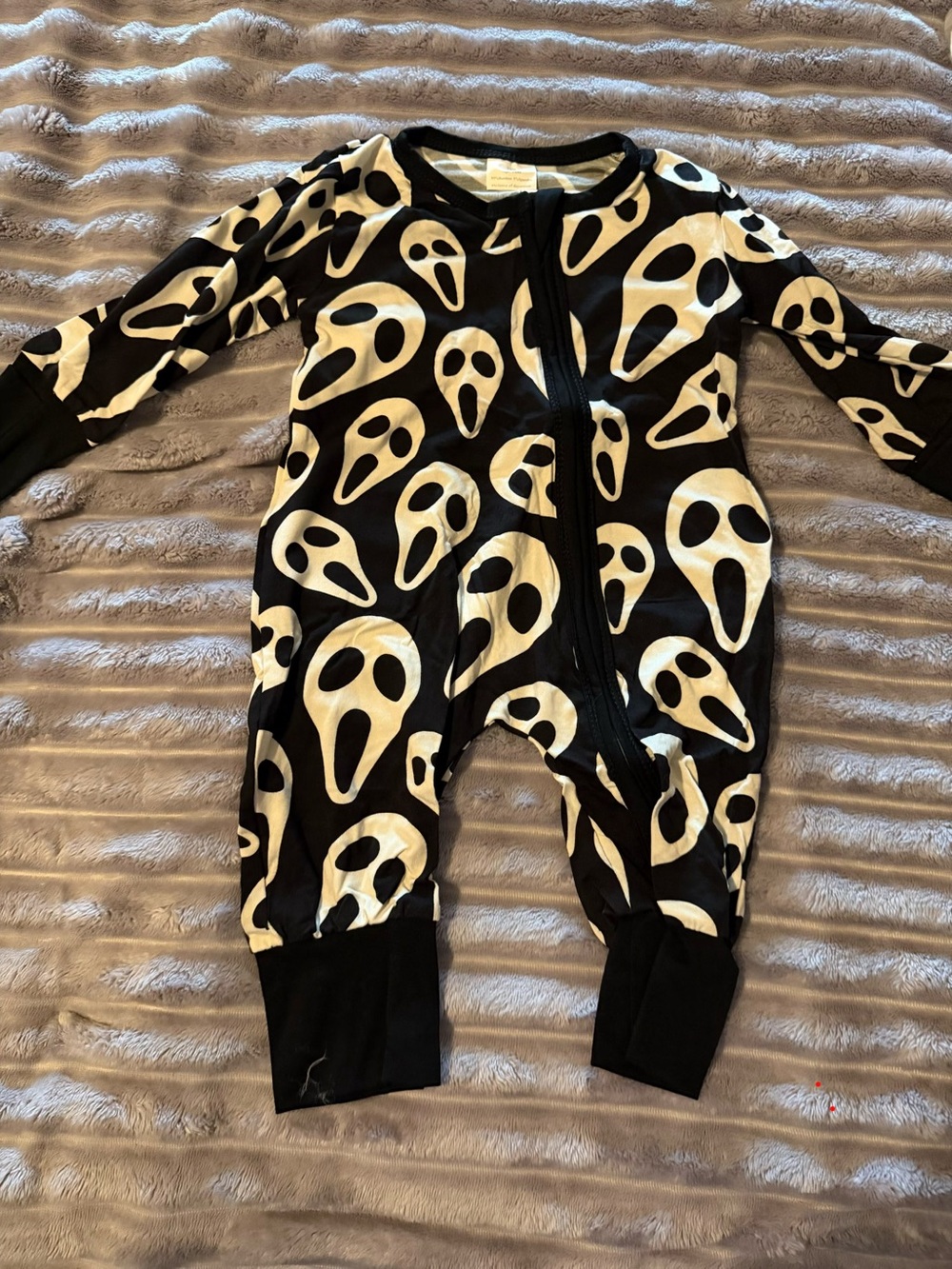 Black Ghost Print Kids Zip-Up Footie Romper